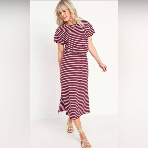 NWT Old Navy Plus Size Red Striped Waist Defined Cut Out Back Midi Dress Size 4X - Picture 1 of 9